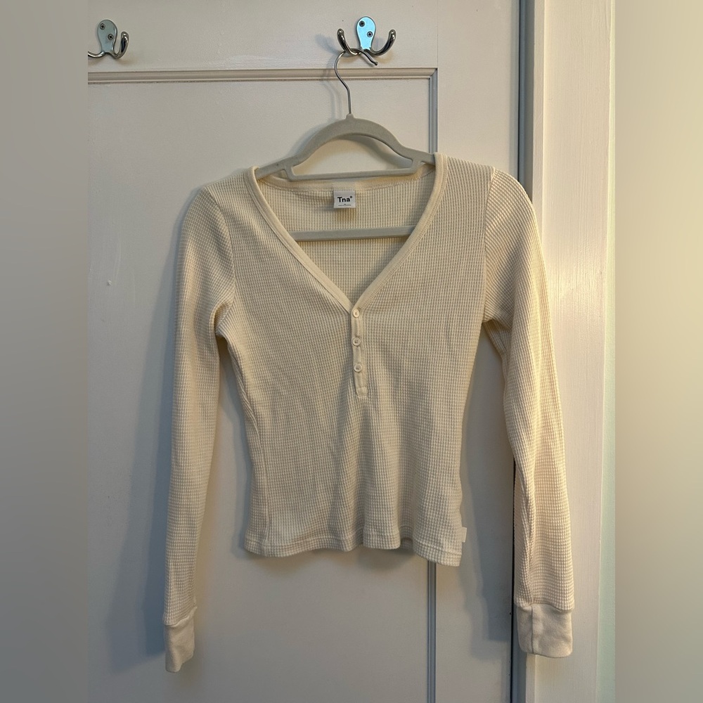 TNA (Aritzia) waffle knit Henley in cream/white